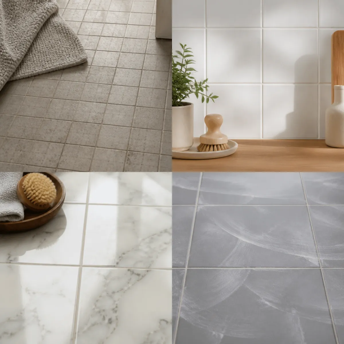 Four different tiled surfaces representing budget, eco, marble and grout haze cases