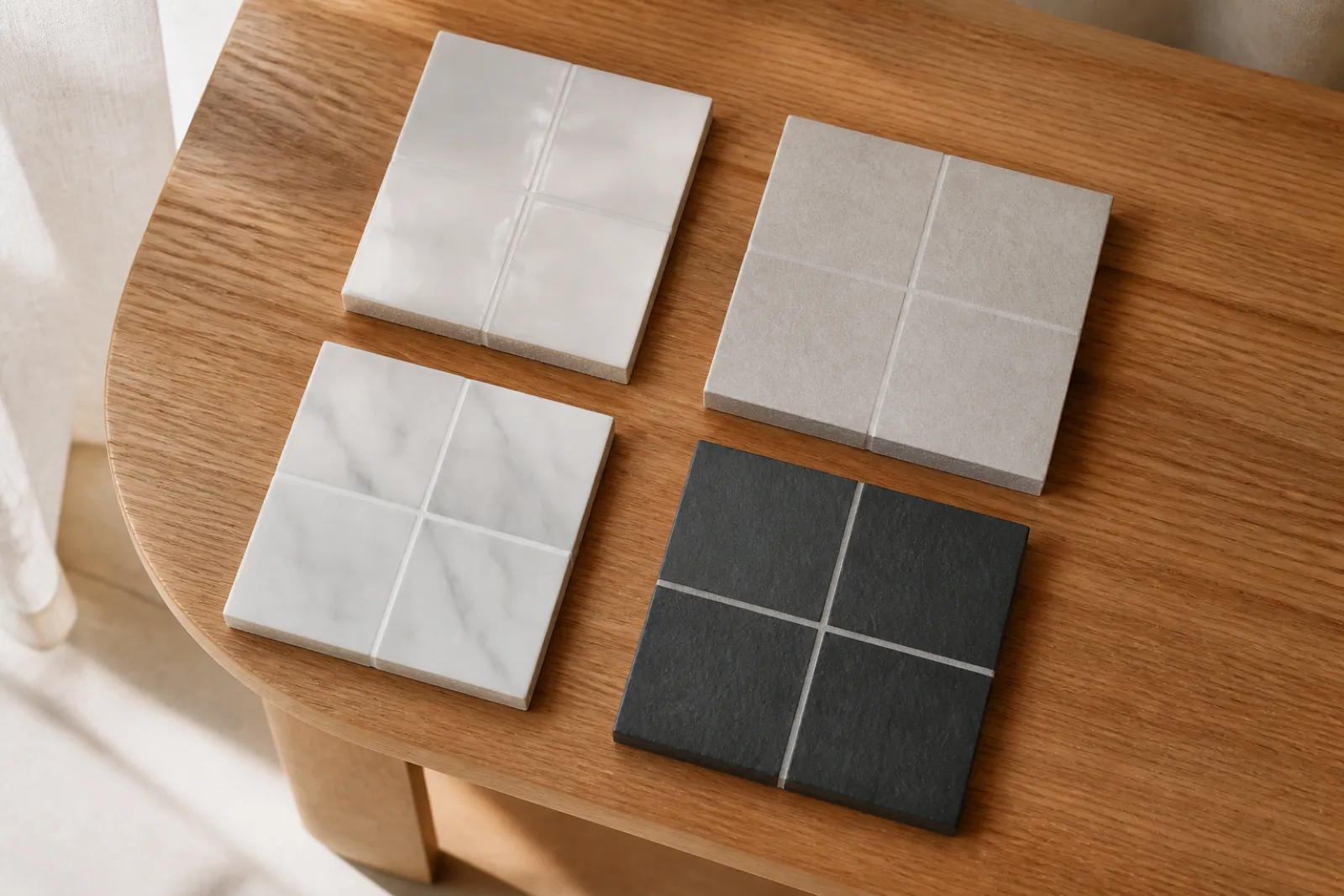 Samples of ceramic, porcelain, marble and slate tile with different grout joints