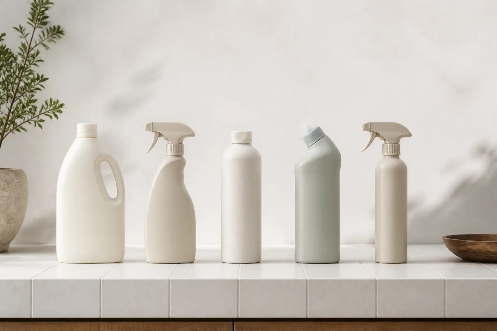 Five grout and tile cleaner bottles arranged for side-by-side comparison