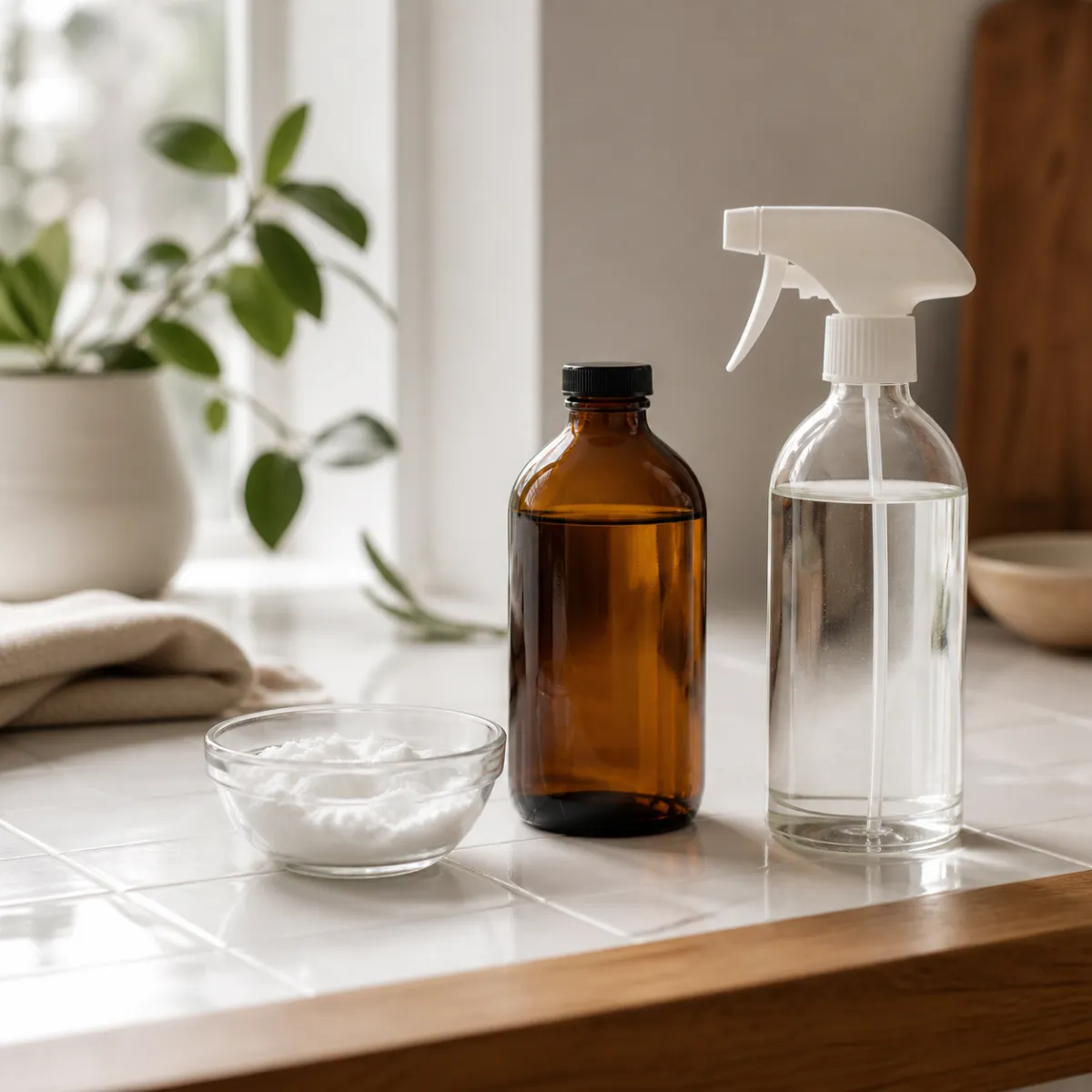 Baking soda paste and hydrogen peroxide next to a commercial grout cleaner bottle