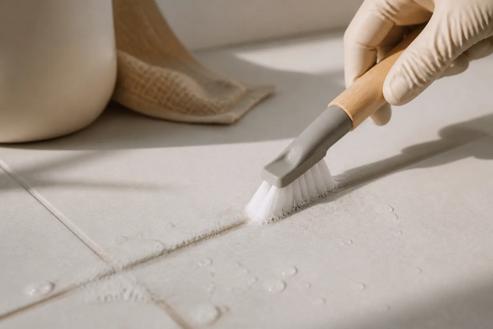 Gloved hand scrubbing a grout line with a narrow V-shaped brush