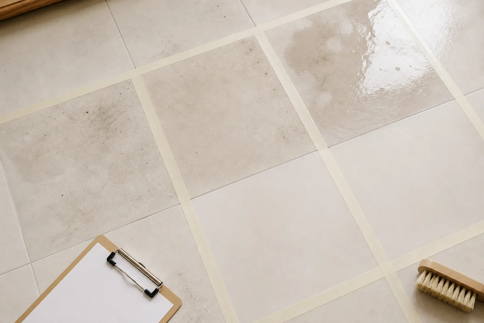 Test bathroom floor divided into marked zones for comparing grout cleaners