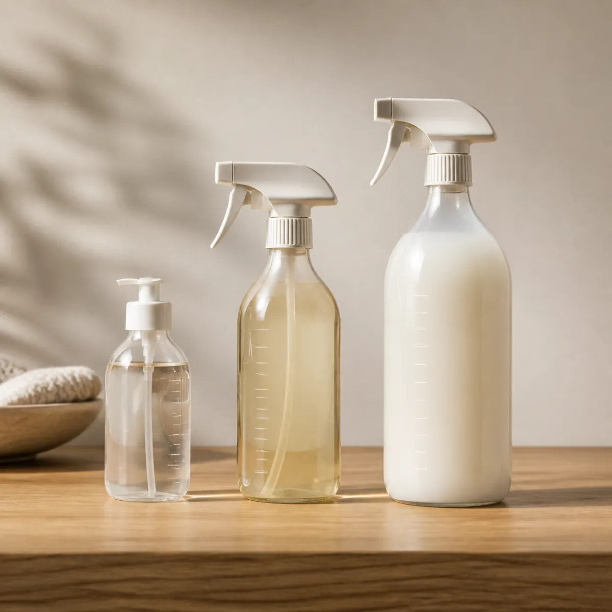 Cleaner bottles with volume labels visible for cost per ounce comparison