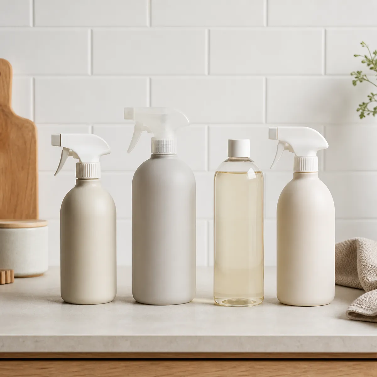 Four grout cleaner bottles lined up on a white tiled surface