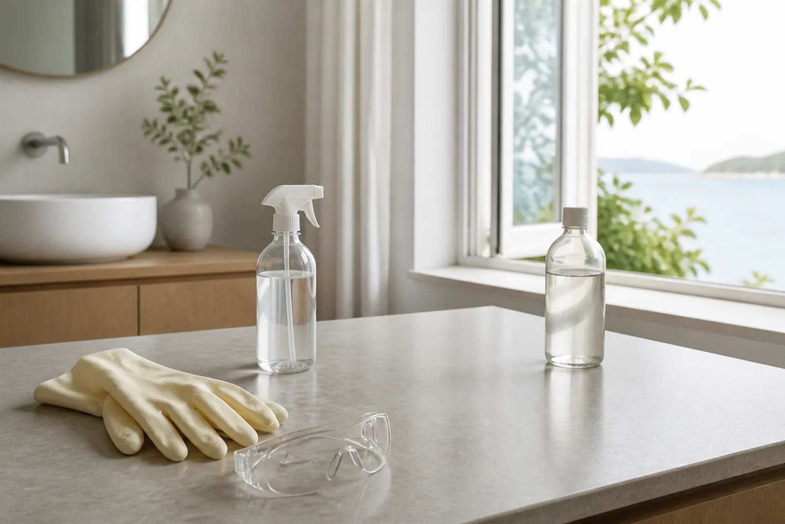 Warning setup showing gloves, open window and separated cleaning bottles