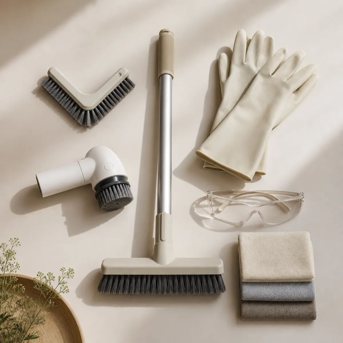 Grout cleaning supply kit with brushes, gloves and cloths laid out